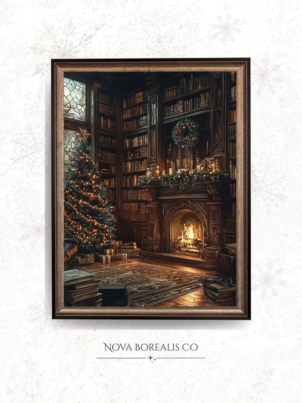 Candlelit Library Christmas Vintage Holiday Art Print
