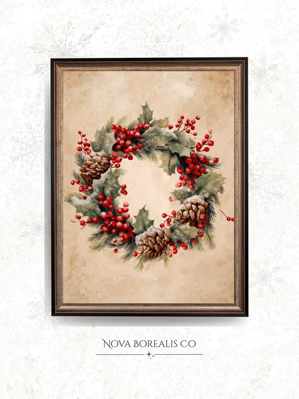 Rustic Christmas Wreath Vintage Holiday Decor Art Print