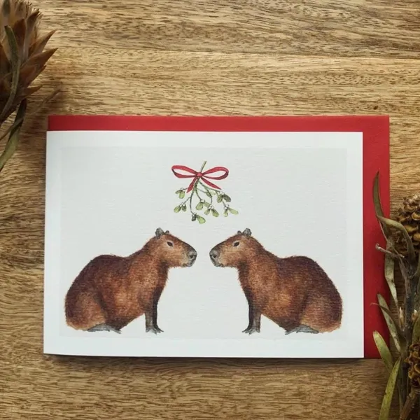 Capybara Mistletoe Christmas Card, Holiday Art Print