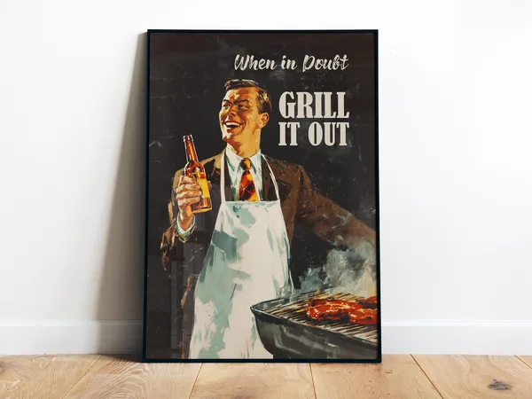 Retro BBQ Poster, Kitchen Man Cave Beer Grill