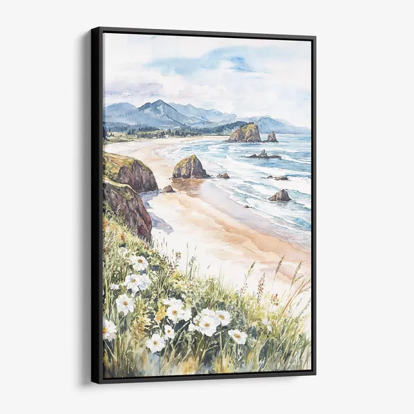 Cannon Beach Oregon Coastal Watercolor Landscape Art Print