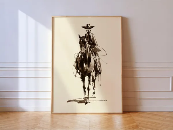 Cowgirl Line Art Print, Minimalist Western Rodeo