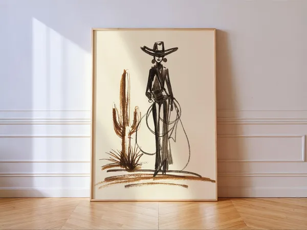 Cowgirl Desert Western Line Print, Cactus Poster