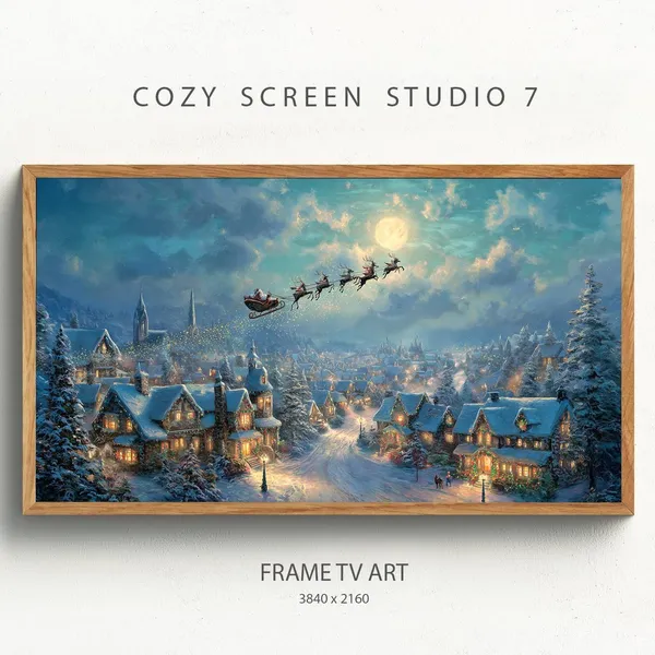 Santa Sleigh Over Town Christmas Art Print