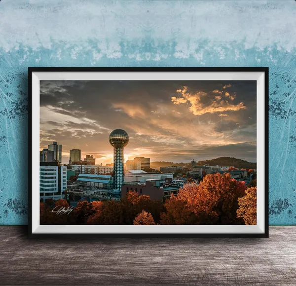 Autumn Knoxville Cityscape Art Print, Rooftop Sunrise