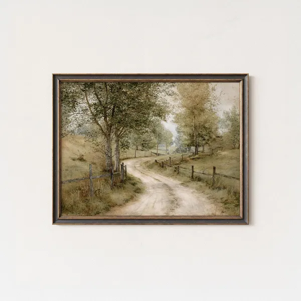 Rustic Country Road Painting, Farmhouse Landscape Art Print