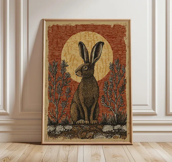 Hare Poster, Rustic Woodland Folk Illustration