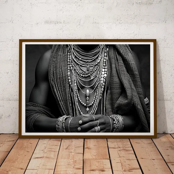 African Tribal Jewelry Portrait, Black and White Art Print