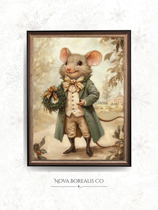Vintage Christmas Mouse Holiday Art Print, Rustic Decor