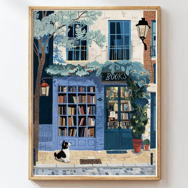 Blue Bookshop Vintage Bookstore Art Print