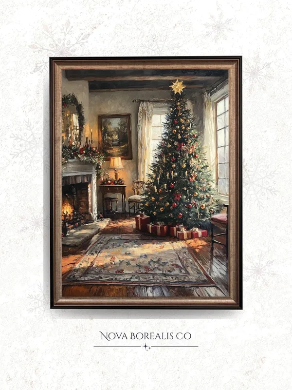 Cozy Farmhouse Christmas Tree, Vintage Holiday Art Print