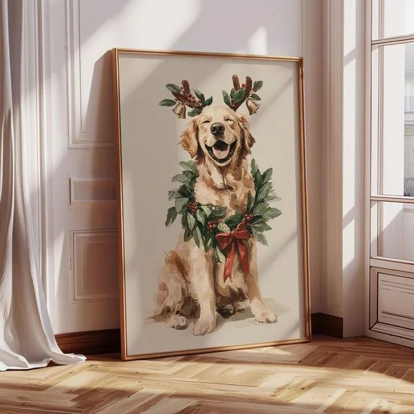 Reindeer Dog Christmas Art Print, Holiday Pet Illustration