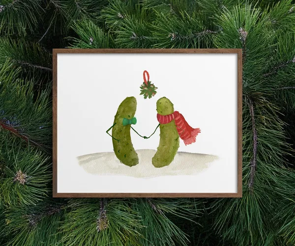 Whimsical Pickles Kissing Underneath The Mistletoe, Art Print