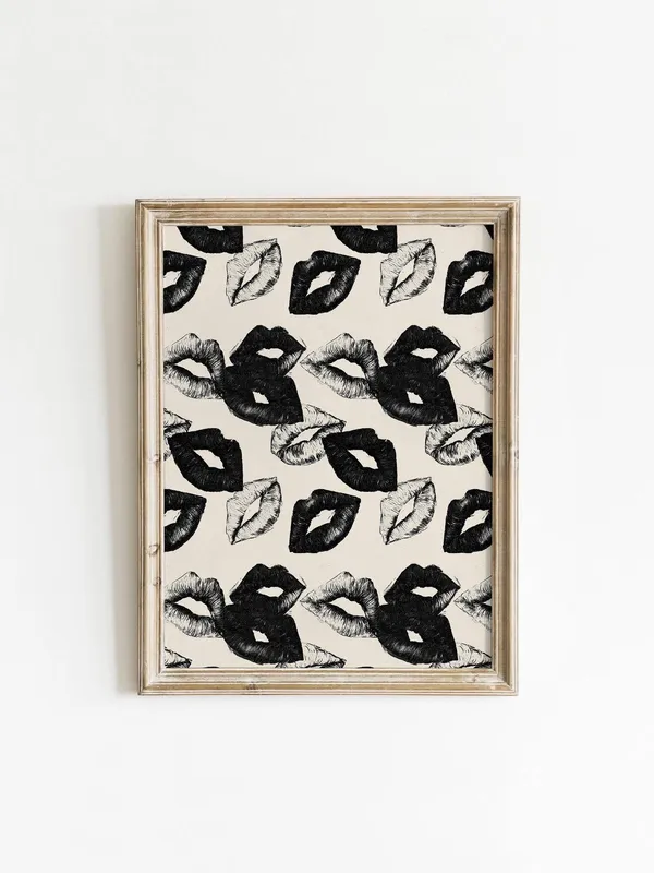 Black Lipstick Kiss Pattern Art Print, Girly Glam