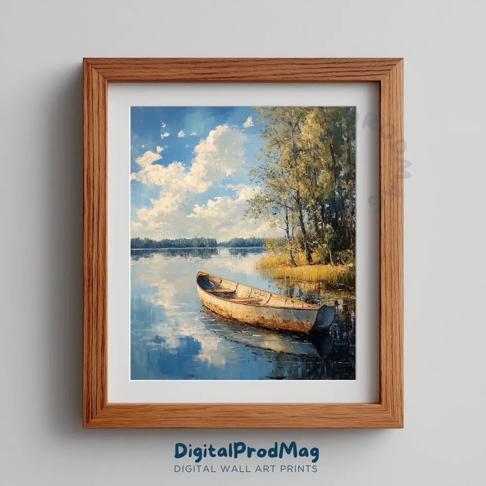 Rowboat Lake Landscape Art, Tranquil Fall Reflection
