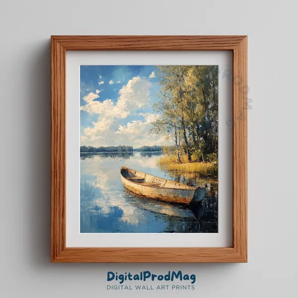 Rowboat Lake Landscape Art, Tranquil Fall Reflection