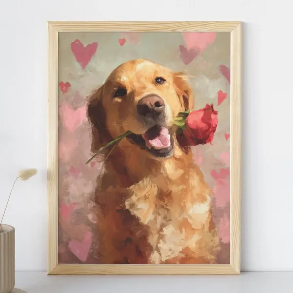 Golden Retriever Valentines Day Art Print, Romantic Pet Portrait