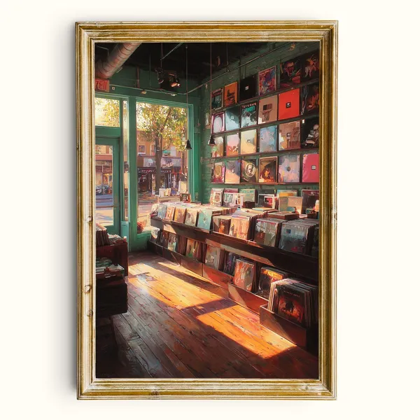 Vintage Vinyl Record Store Art Print, Cozy Music Shop
