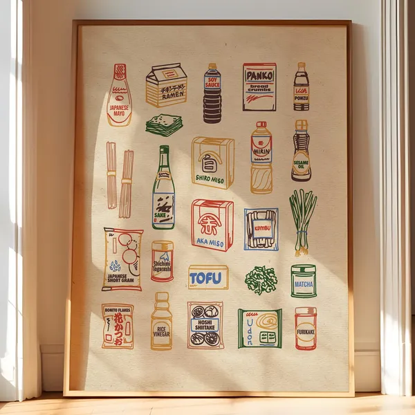 Japanese Pantry Illustration Art Print, Ramen Sushi Bar Decor
