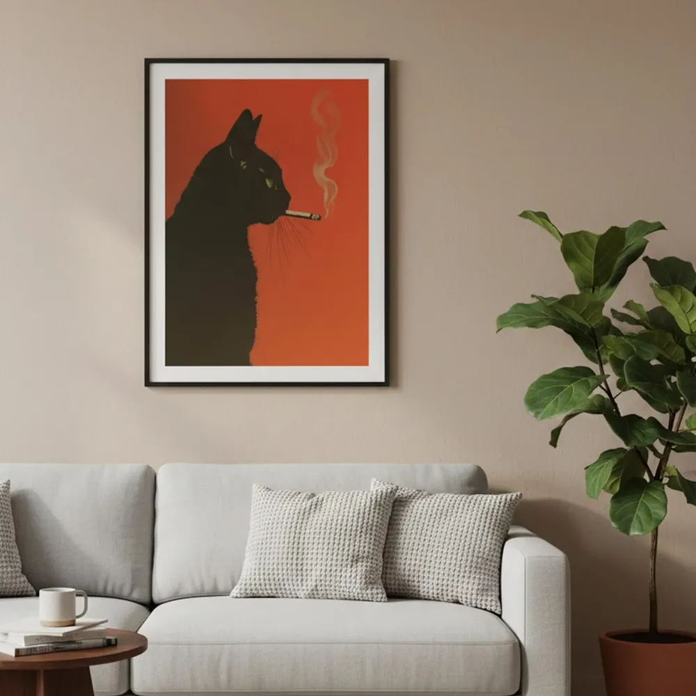 Black Cat Smoking Cigarette Retro Orange Whimsical Art Poster - Image 3