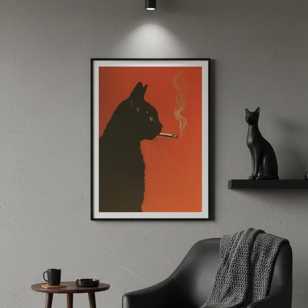 Black Cat Smoking Cigarette Retro Orange Whimsical Art Poster - Image 4