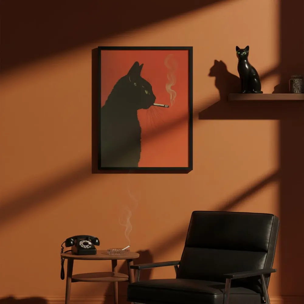 Black Cat Smoking Cigarette Retro Orange Whimsical Art Poster - Image 5