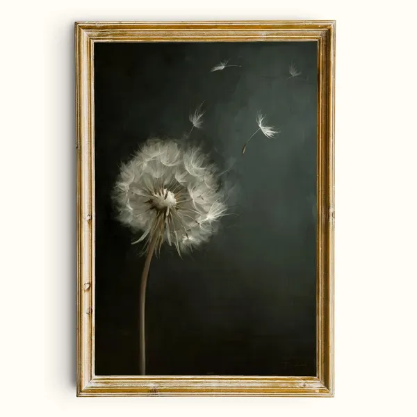 Dandelion Wishes Botanical Art Print, Moody Minimal