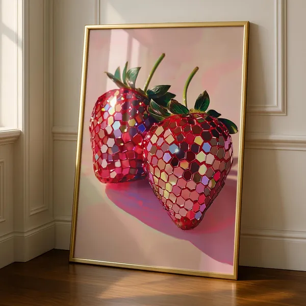 Strawberry Disco Ball Art Print, Fun Kitchen Decor