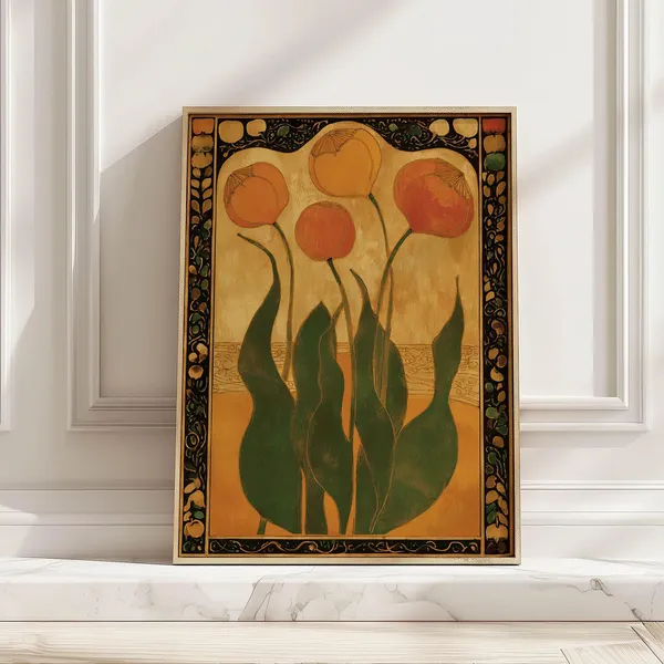 Golden Art Nouveau Tulip Print, Vintage Floral Art Print