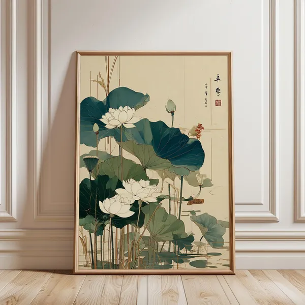 Japanese Lotus Flower Poster, Vintage Botanical Illustration