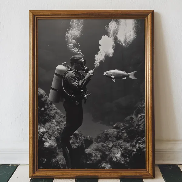 Funny Scuba Diver Fish Smoker Black And White Art Print