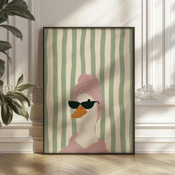 Funny Duck in Pink Towel, Quirky Bathroom Poster