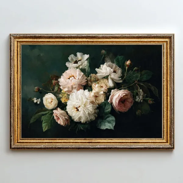 Antique Peony Oil Painting, Vintage Floral Still Life
