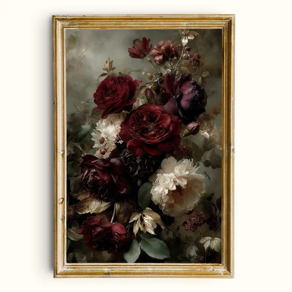 Dark Floral Peony Print, Moody Vintage Still Life