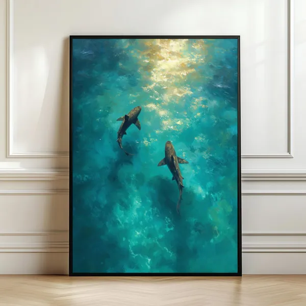 Sharks Swimming In Turquoise Ocean Art Print