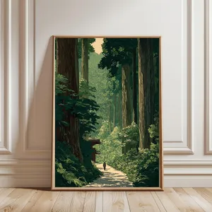 Towering Cedar Forest Path in Classic Japanese Woodblock Art Poster