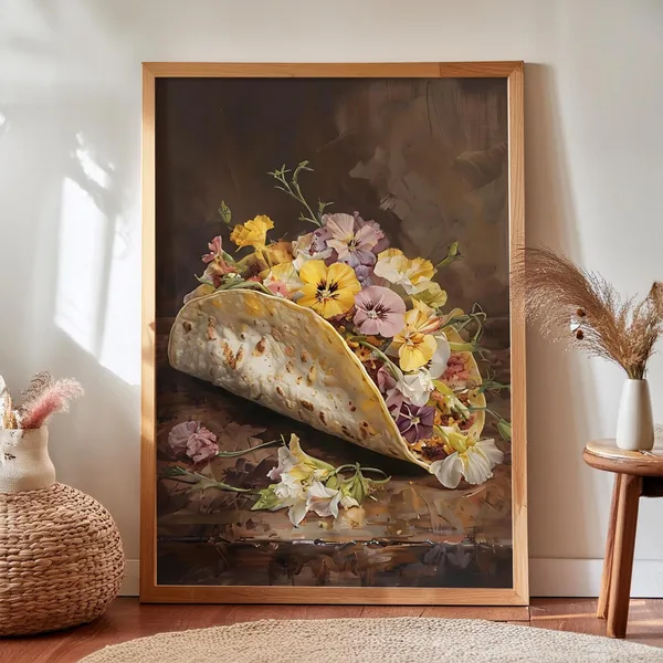 Flower Taco Print, Moody Floral Kitchen Art Print
