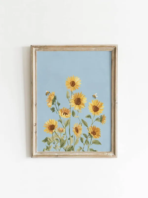 Yellow Sunflowers With Bee, Vintage Botanical Art Print