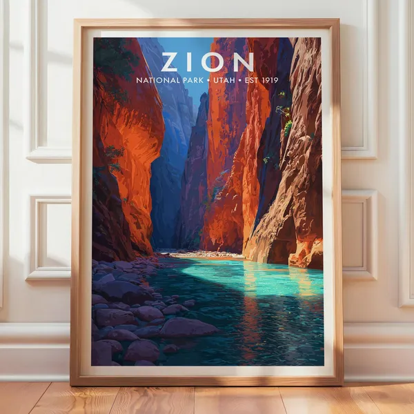 Zion National Park Retro Travel Poster, Landscape Art Print