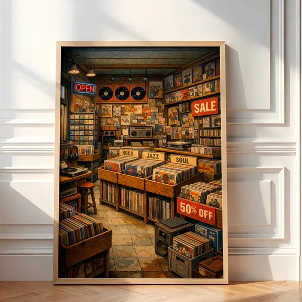 Vintage Record Store Poster Print, Music Room Decor