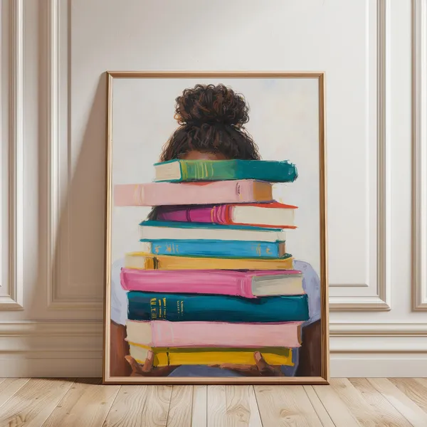 Girl With Stack Of Books Art Print, Bookish Portrait