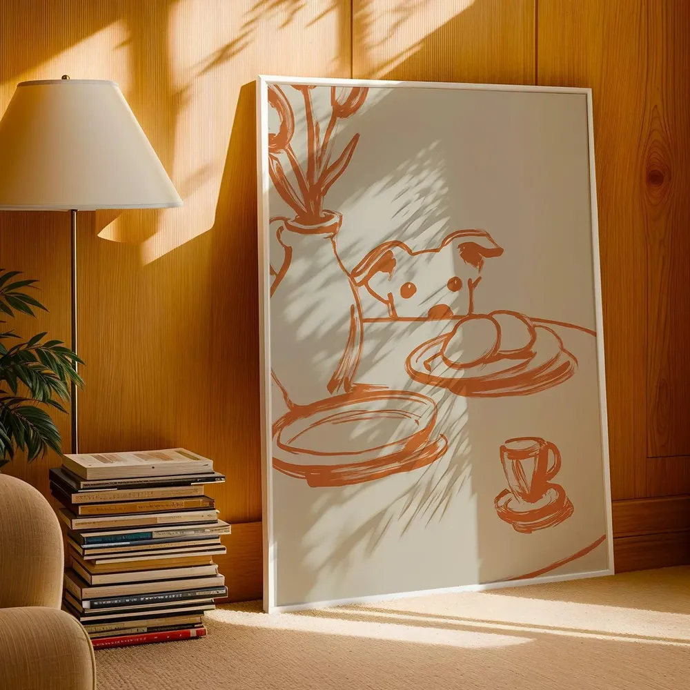 Peeking Dog Terracotta Minimalist Kitchen Line Drawing Poster - Image 3