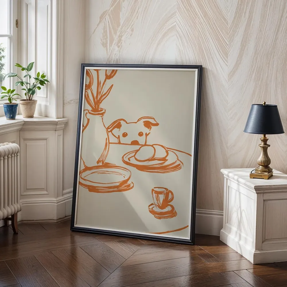 Peeking Dog Terracotta Minimalist Kitchen Line Drawing Poster - Image 2
