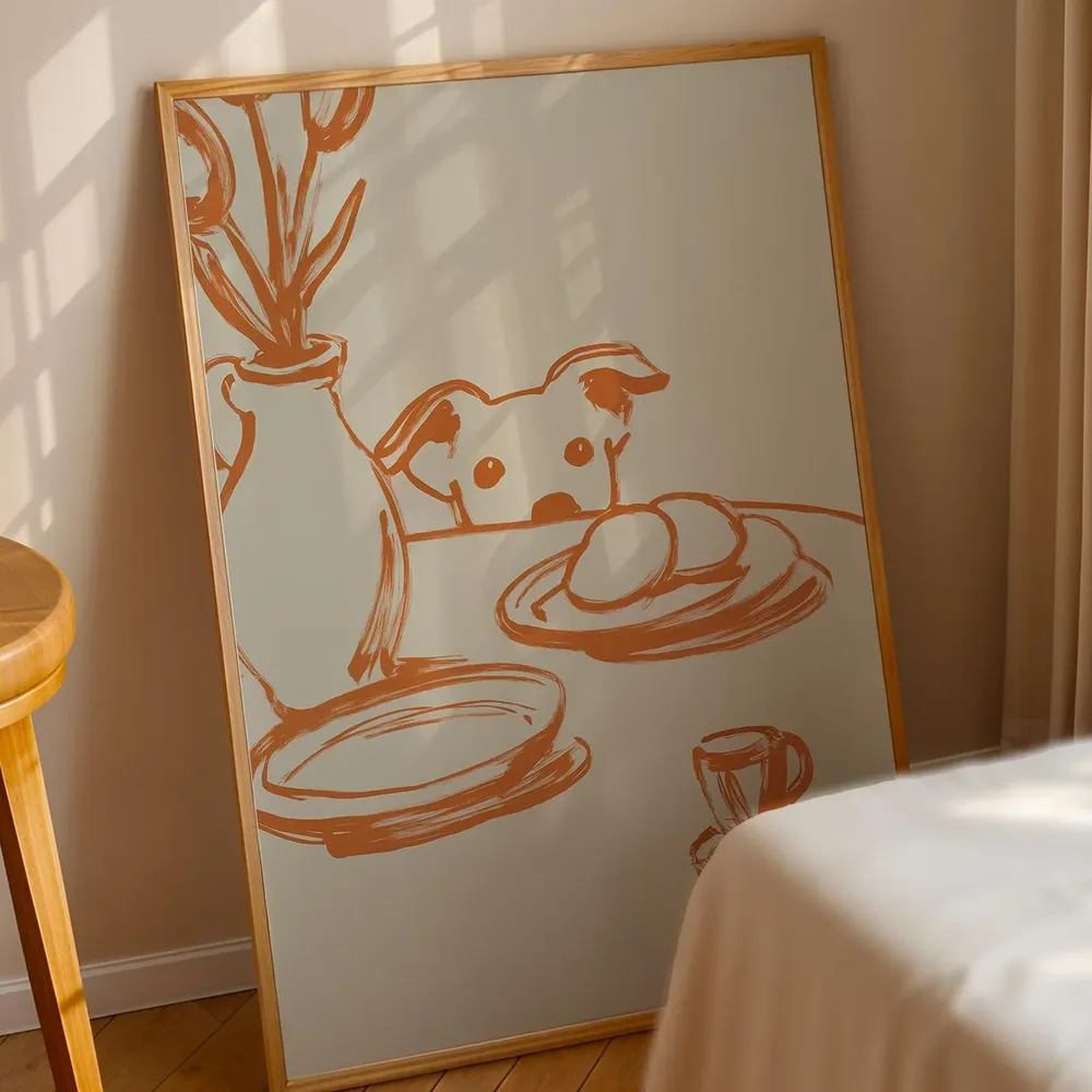Peeking Dog Terracotta Minimalist Kitchen Line Drawing Poster - Image 5