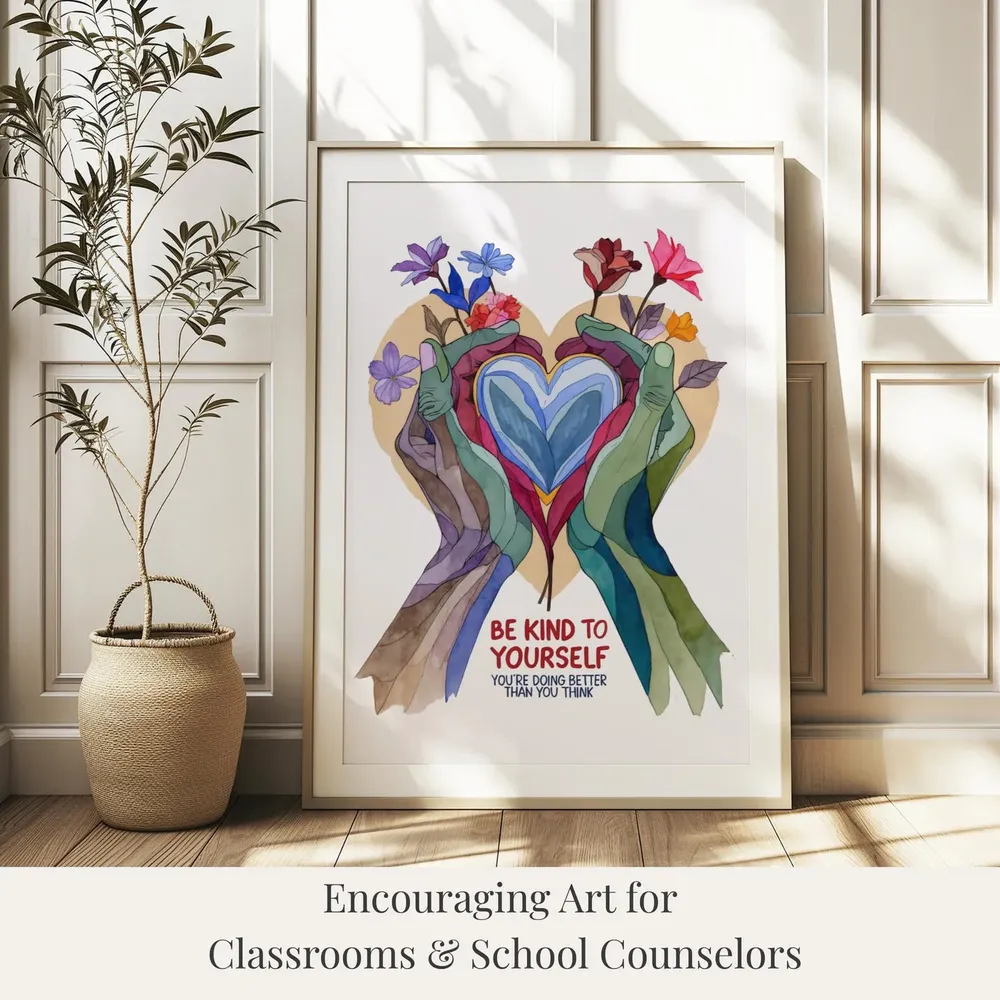 Be Kind to Yourself Watercolor Heart Hands Uplifting Quote Art Poster - Image 3