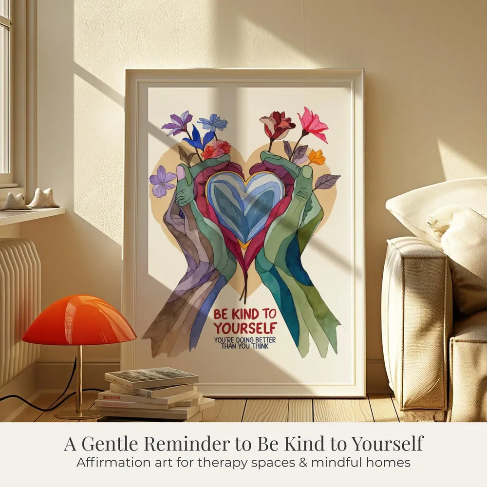 Be Kind to Yourself Watercolor Heart Hands Uplifting Quote Art Poster - Image 6