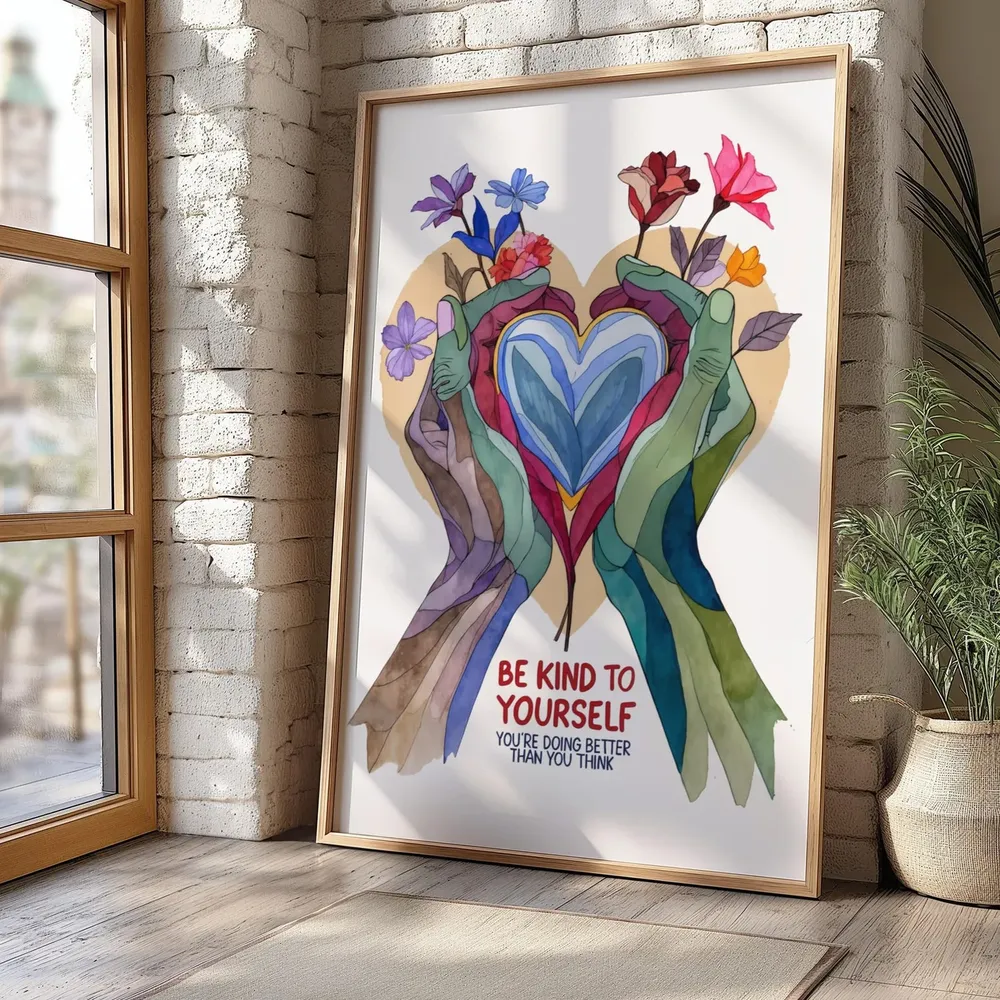 Be Kind to Yourself Watercolor Heart Hands Uplifting Quote Art Poster - Image 7