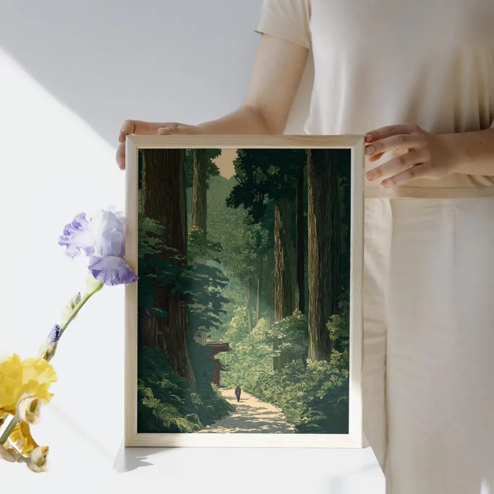 Towering Cedar Forest Path in Classic Japanese Woodblock Art Poster - Image 2