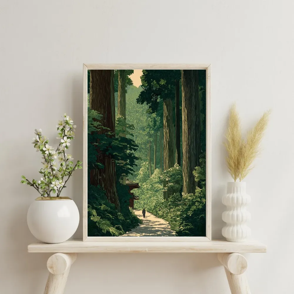 Towering Cedar Forest Path in Classic Japanese Woodblock Art Poster - Image 3