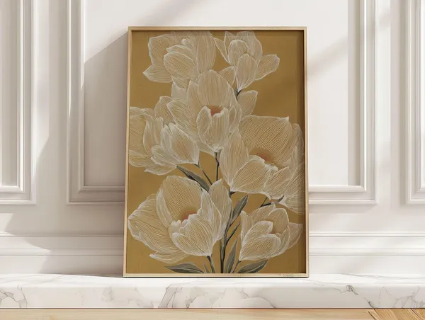 White Magnolia Flowers Line Art Poster, Japandi Floral